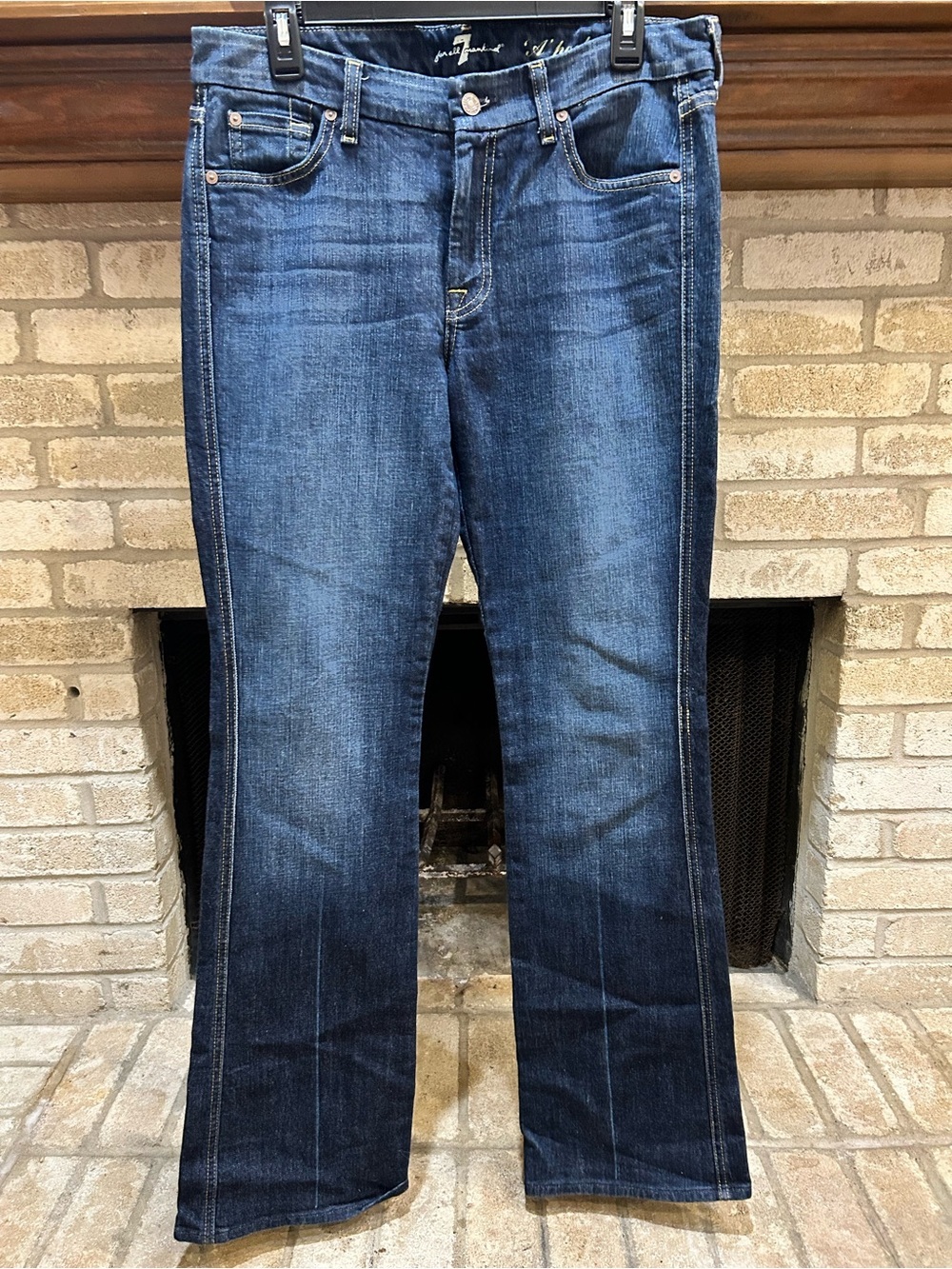 7 For All Mankind Indigo Straight Jeans with Yellow Stitching EUC